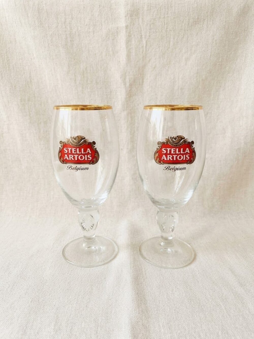 Stella Artois Gold Trim Chalice Beer Glasses 40 cl Stemmed Goblet Set of 2